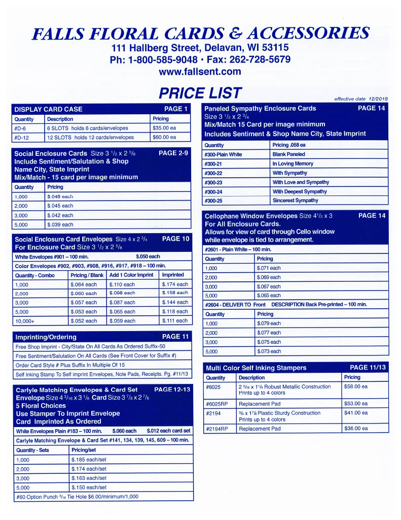 Falls Enterprises Price List