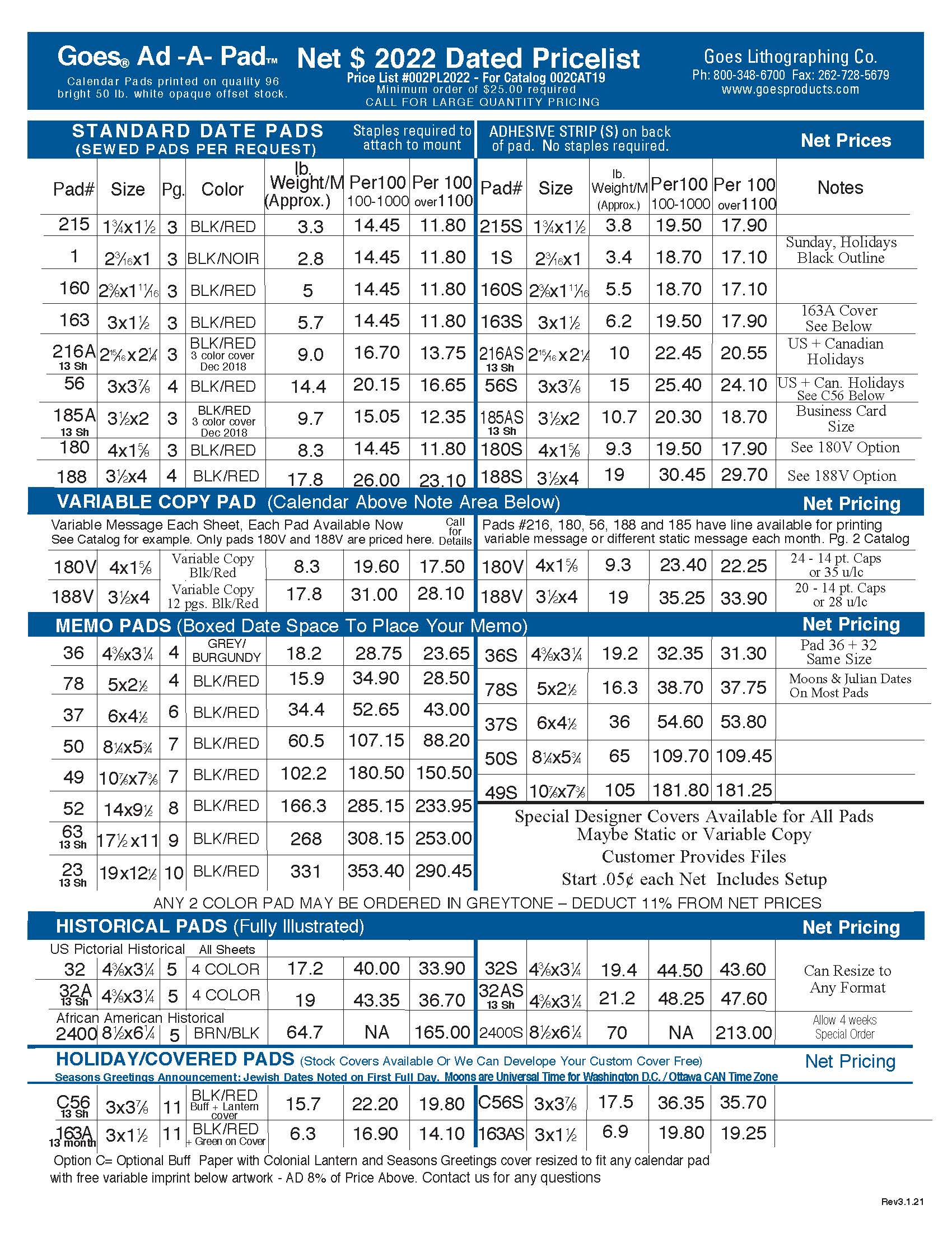 Calendar Pad Price List (2022)